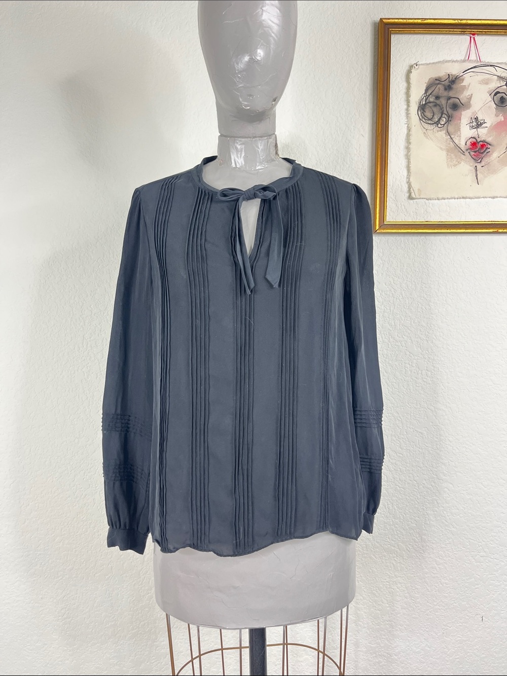 Rebecca Taylor Tie Black Pleated Front Blouse